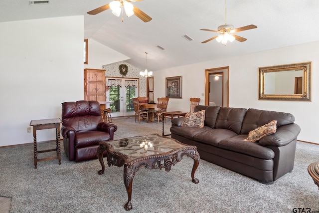 carpeted living room with french doors, ceiling fan, and vaulted ceiling