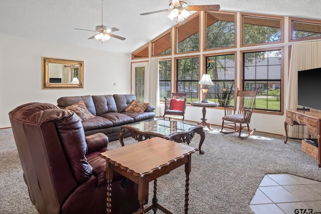 carpeted living room with lofted ceiling, a healthy amount of sunlight, ceiling fan, and a textured ceiling