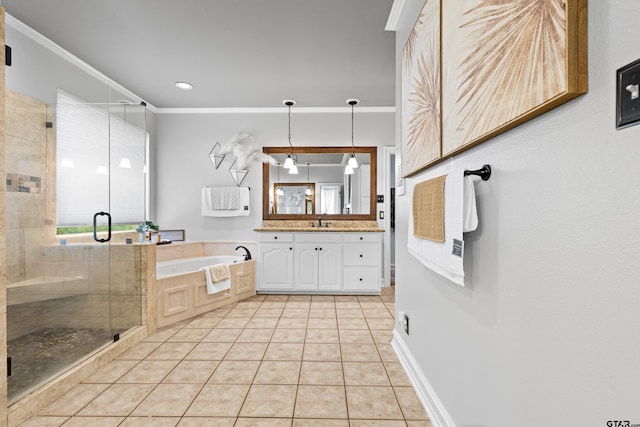bathroom featuring a garden tub, crown molding, tile patterned flooring, a shower stall, and vanity
