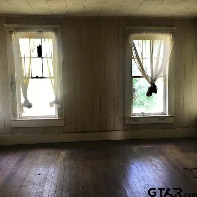 spare room featuring dark hardwood / wood-style flooring and wood walls