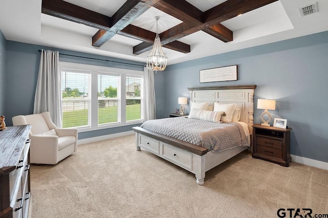 429 Coventry, Bullard, TX 75757 - bedroom with coffered ceiling, light colored carpet, baseboards, beam ceiling, and a chandelier