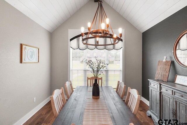 429 Coventry, Bullard, TX 75757 - dining area featuring dark wood-style flooring, vaulted ceiling, a chandelier, and baseboards