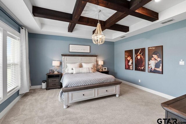 429 Coventry, Bullard, TX 75757 - bedroom featuring coffered ceiling, light carpet, baseboards, beam ceiling, and a chandelier