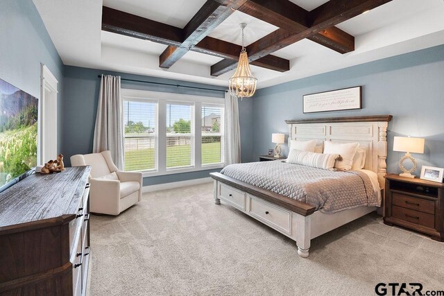429 Coventry, Bullard, TX 75757 - bedroom with coffered ceiling, light colored carpet, a chandelier, and beamed ceiling