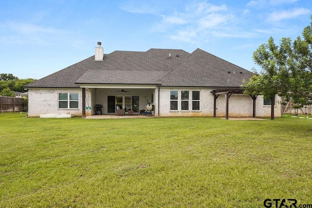 429 Coventry, Bullard, TX 75757 - back of property featuring a pergola, ceiling fan, a chimney, a patio area, and a shingled roof