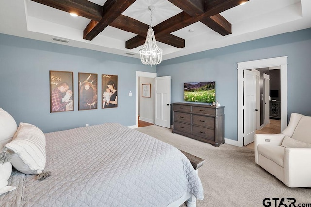 429 Coventry, Bullard, TX 75757 - bedroom with coffered ceiling, light colored carpet, a chandelier, beamed ceiling, and baseboards
