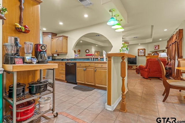 841 Pops Landing Rd, Ore City, TX 75683 - kitchen with black dishwasher, light tile patterned flooring, open floor plan, arched walkways, and recessed lighting