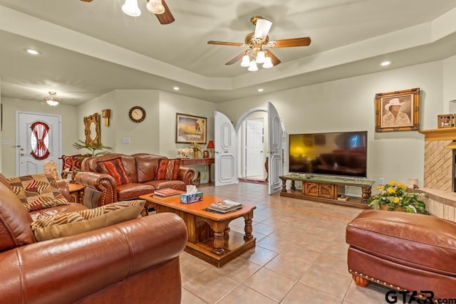 841 Pops Landing Rd, Ore City, TX 75683 - living area with a ceiling fan, light tile patterned flooring, recessed lighting, and a tray ceiling