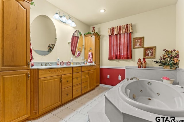 841 Pops Landing Rd, Ore City, TX 75683 - full bath with tile patterned floors, double vanity, a tub with jets, and recessed lighting