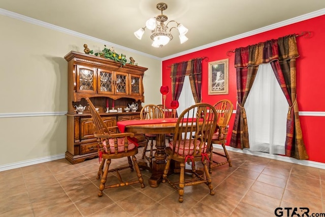 841 Pops Landing Rd, Ore City, TX 75683 - dining area featuring a chandelier, tile patterned flooring, and ornamental molding