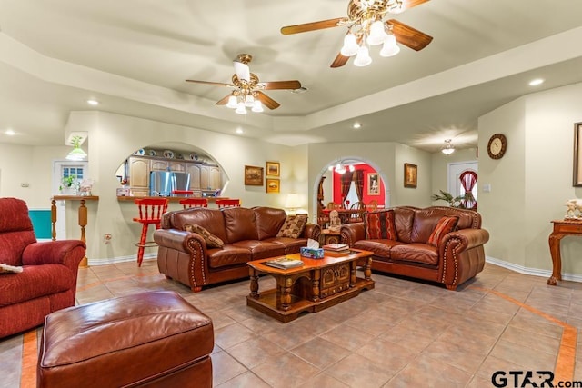 841 Pops Landing Rd, Ore City, TX 75683 - tiled living room featuring recessed lighting, a raised ceiling, and ceiling fan