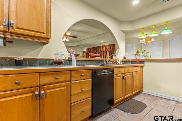 841 Pops Landing Rd, Ore City, TX 75683 - kitchen featuring black dishwasher, brown cabinetry, ceiling fan, light tile patterned floors, and recessed lighting