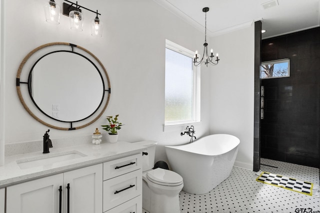 full bathroom featuring a notable chandelier, toilet, vanity, independent shower and bath, and ornamental molding