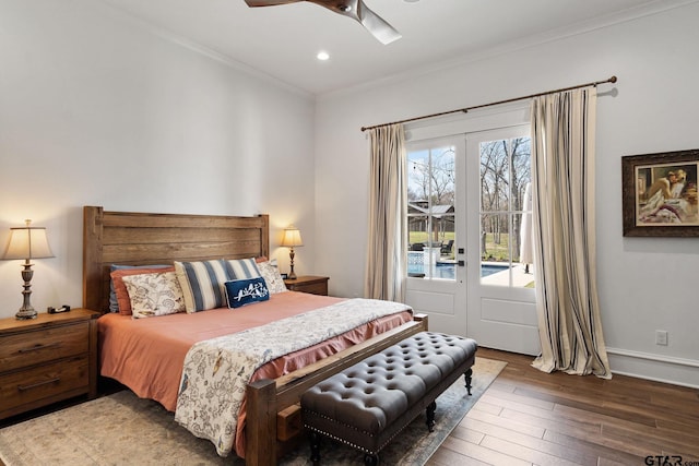 bedroom with ceiling fan, dark hardwood / wood-style floors, access to exterior, and crown molding