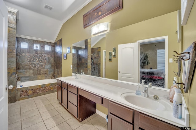 bathroom with tile patterned flooring, lofted ceiling, vanity, independent shower and bath, and ornamental molding