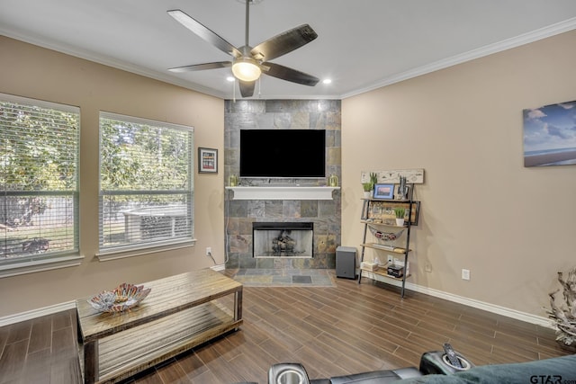 living room featuring ceiling fan, ornamental molding, and a fireplace