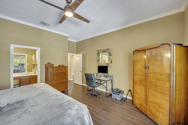 bedroom with dark hardwood / wood-style floors, ensuite bath, ceiling fan, and crown molding