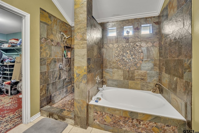 bathroom with tile patterned floors, crown molding, shower with separate bathtub, and vaulted ceiling