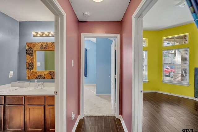 bathroom with vanity and wood-type flooring