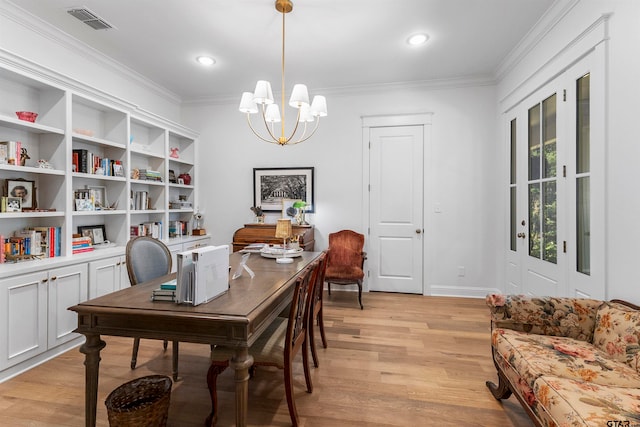 office with a chandelier, light wood-type flooring, and ornamental molding