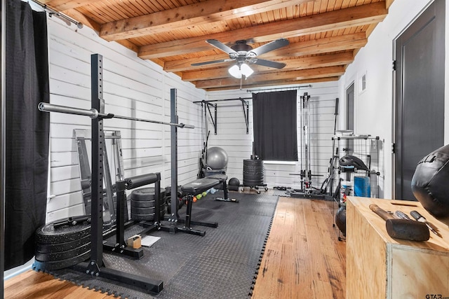 exercise room featuring wood walls, ceiling fan, wood ceiling, and light hardwood / wood-style floors