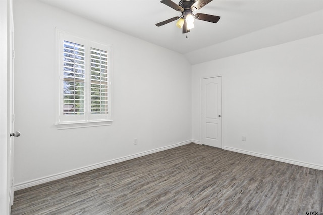unfurnished room with ceiling fan, baseboards, and wood finished floors