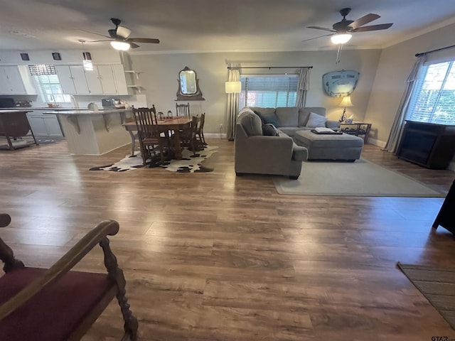 living room featuring dark wood-type flooring, ceiling fan, and crown molding