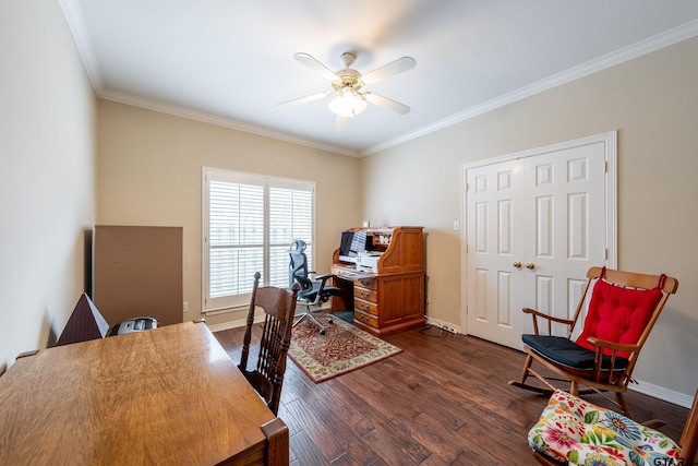 office featuring ceiling fan, dark hardwood / wood-style flooring, and ornamental molding