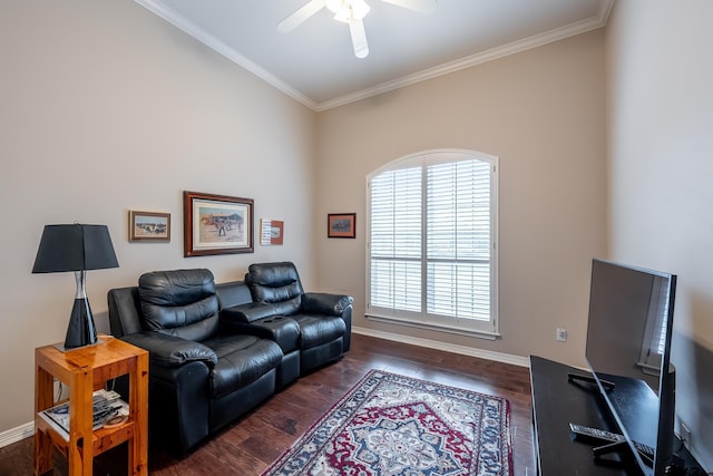 interior space with ceiling fan, dark wood-type flooring, and ornamental molding