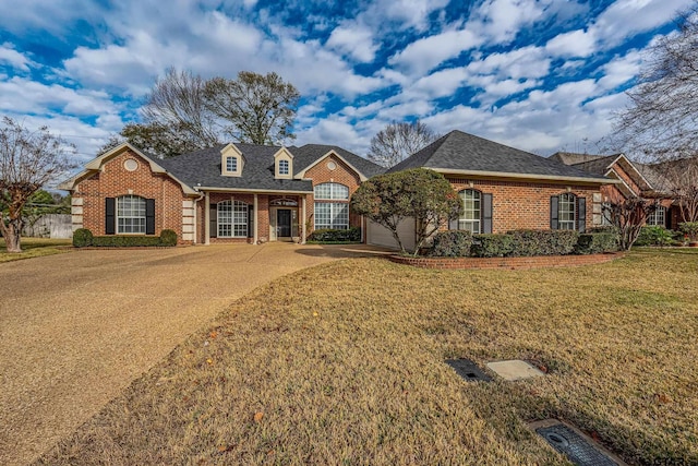 view of front of house featuring a front lawn and a garage