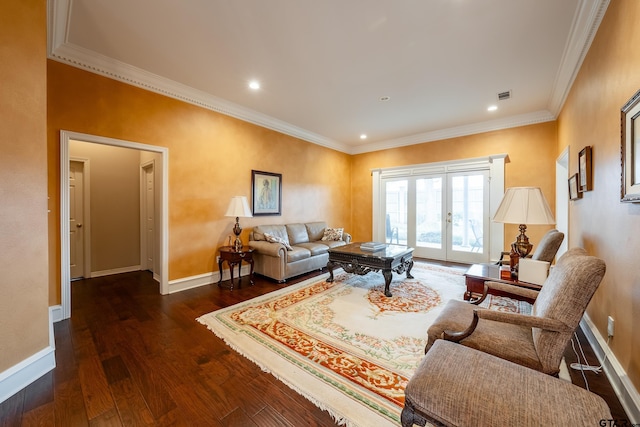 living room with french doors, dark hardwood / wood-style floors, and ornamental molding