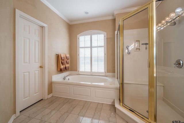 bathroom featuring plus walk in shower and ornamental molding