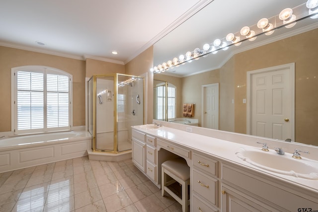 bathroom featuring separate shower and tub, a wealth of natural light, crown molding, and vanity