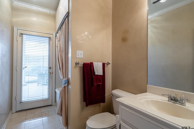 bathroom with a shower with curtain, tile patterned floors, crown molding, toilet, and vanity