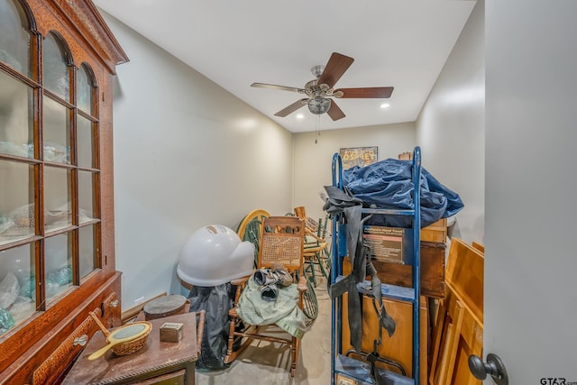 workout area featuring ceiling fan