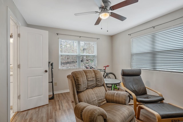 living area featuring ceiling fan and light hardwood / wood-style flooring