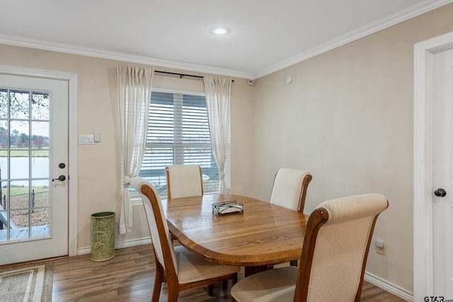 dining room with crown molding and dark wood-type flooring