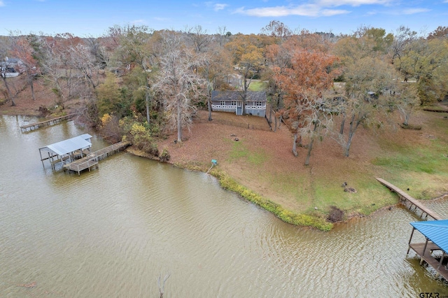 drone / aerial view featuring a water view