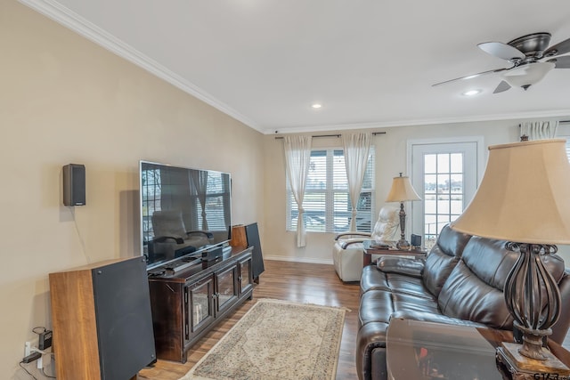 living room with ceiling fan, wood-type flooring, and crown molding