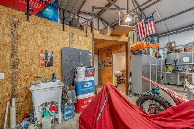 garage with a workshop area