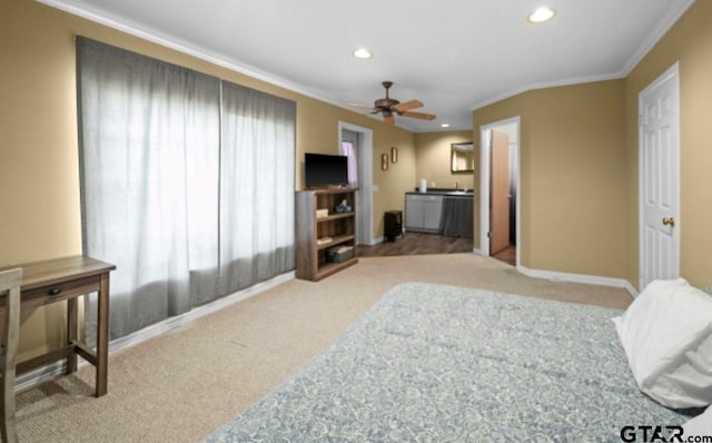 bedroom with light carpet, crown molding, and ceiling fan