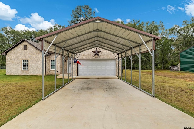 view of vehicle parking featuring a lawn, a carport, and a garage