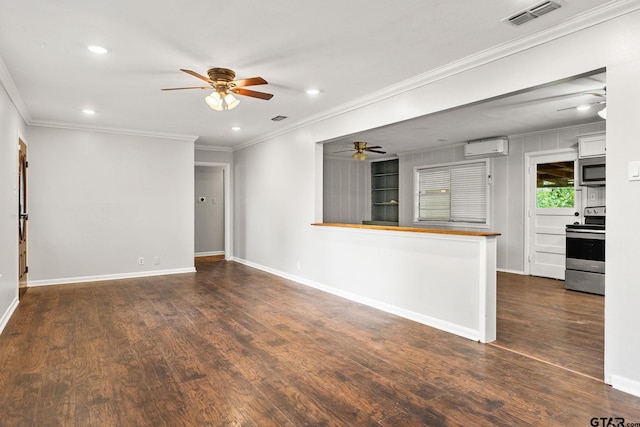2811 Rollingwood Dr, Tyler, TX 75701 - unfurnished living room featuring a ceiling fan, an AC wall unit, ornamental molding, wood finished floors, and baseboards