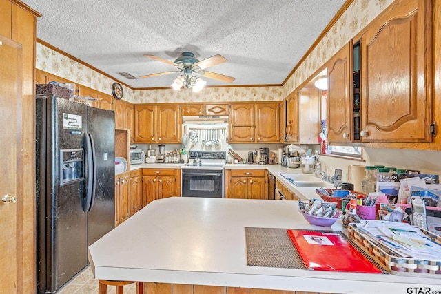 kitchen featuring ceiling fan, sink, electric range oven, black fridge, and crown molding