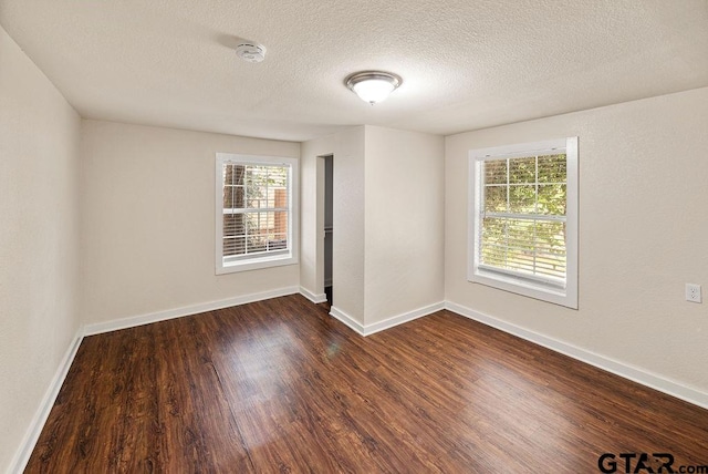 empty room featuring a textured ceiling, a wealth of natural light, and dark hardwood / wood-style floors