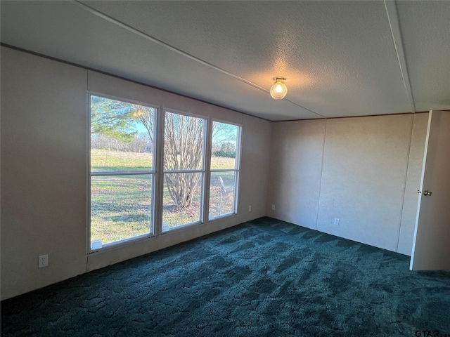 unfurnished room featuring dark colored carpet, a textured ceiling, and a healthy amount of sunlight