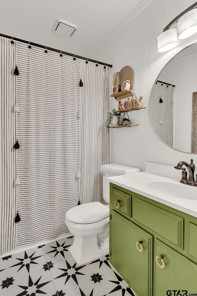 1510 Hideaway Ln W, Hideaway, TX 75771 - bathroom with tile patterned floors, toilet, vanity, ornamental molding, and a shower with curtain