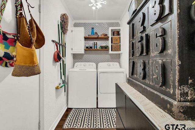 1510 Hideaway Ln W, Hideaway, TX 75771 - laundry room featuring crown molding, separate washer and dryer, cabinet space, dark wood finished floors, and baseboards