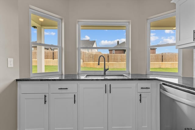 kitchen with sink, white cabinets, stainless steel dishwasher, and plenty of natural light