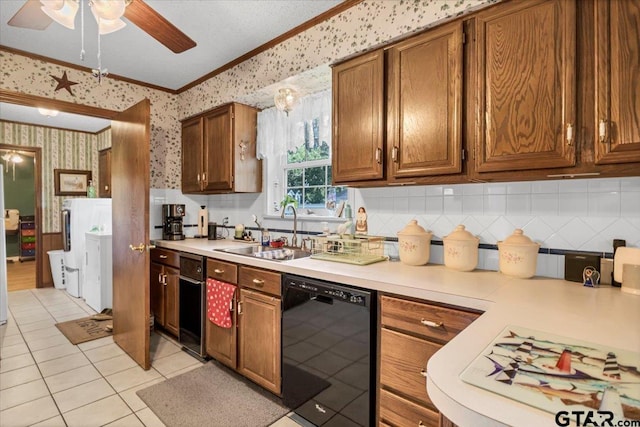 5626 Meadowdale Rd, Flint, TX 75762 - kitchen with dishwasher, wallpapered walls, crown molding, a ceiling fan, and light countertops